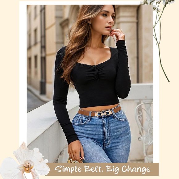 3 Pack Women Skinny Elastic Waist Belt Gold Buckle Stretchy Thin Belt For🌻